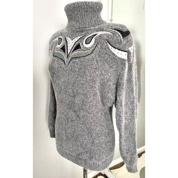 Vintage Turtleneck Sweater Silk Angora Lambswool M Gray Embroidered Beaded - Picture 4 of 10